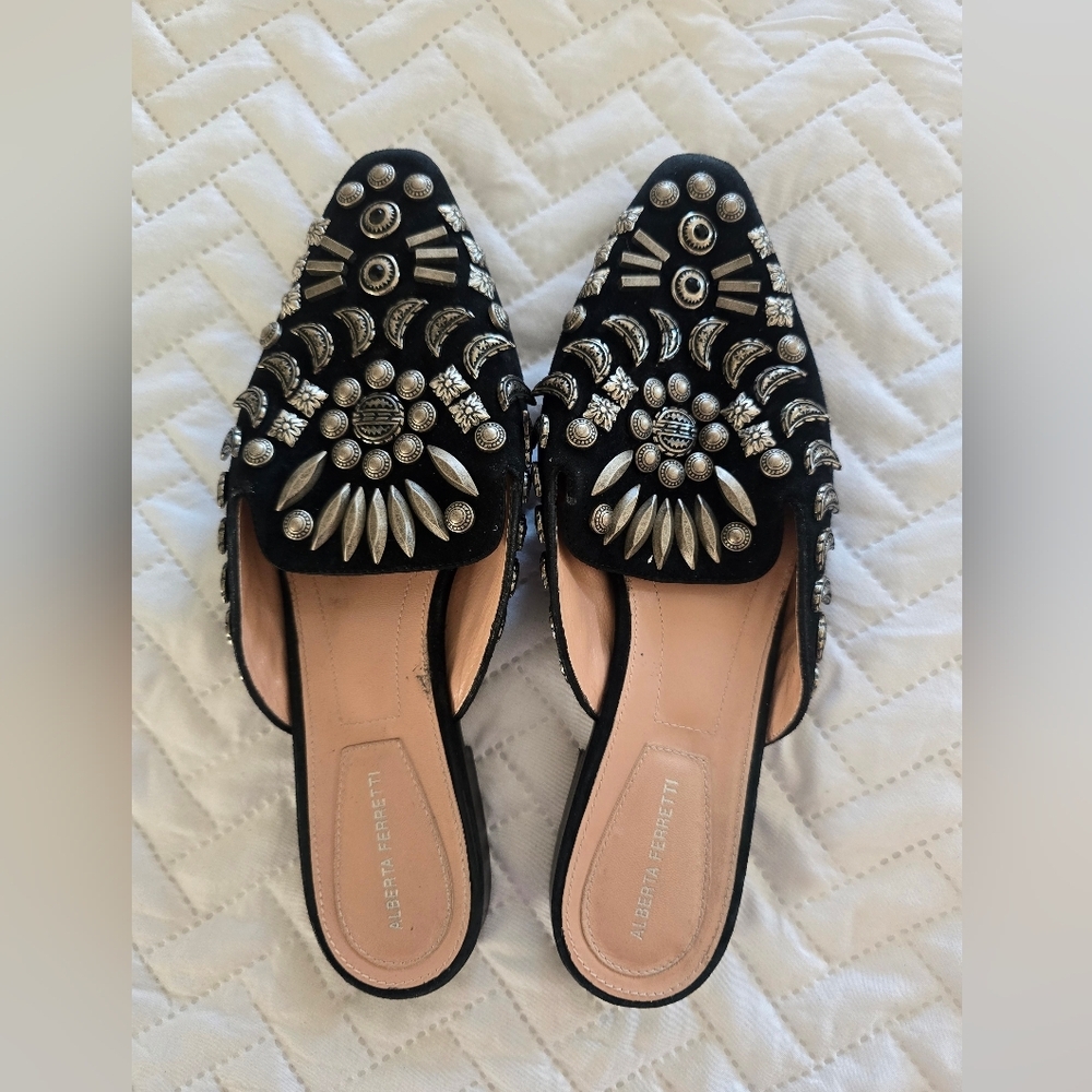 Alberta Ferretti Black and Silver Embellished Mules Flats